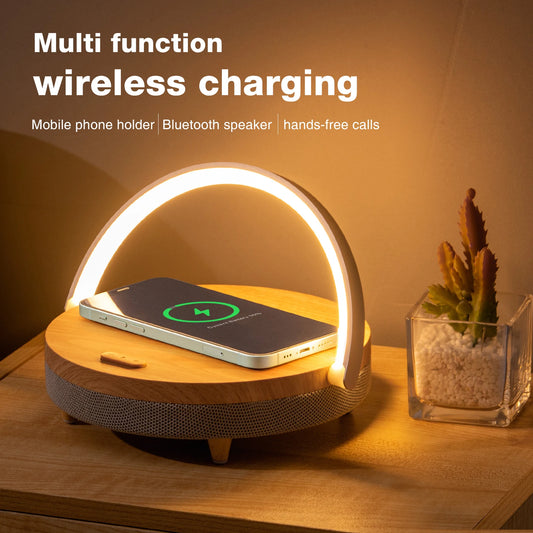 Wood Wireless Chargers LED Lamp Bluetooth Speaker  15W High Power Fast Charging for IPhone 14 Easy Touch Wireless Charge