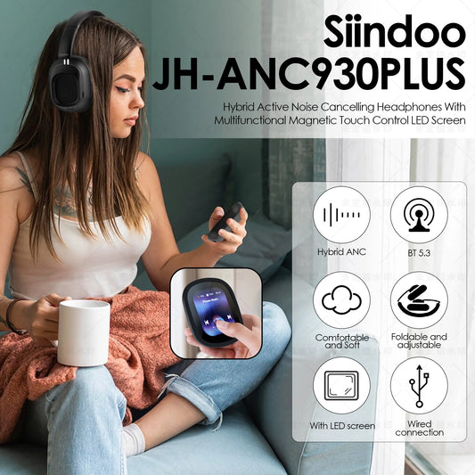 Siindoo JH-ANC930Plus Hybrid Wireless Headphone, Active Noise Cancelling Headphones With Multi Magnetic Touch Control LED Screen