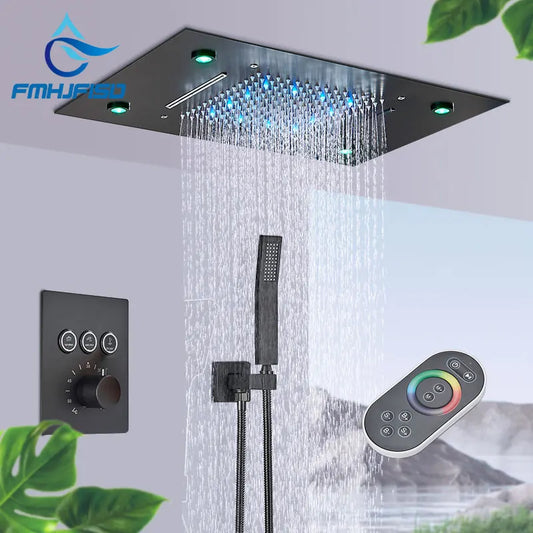 Thermostatic Shower Faucet LED Shower Set Ceiling Mount Waterfall and Rainfall Bathroom Shower Systems 3-way Shower Mixer Luxury