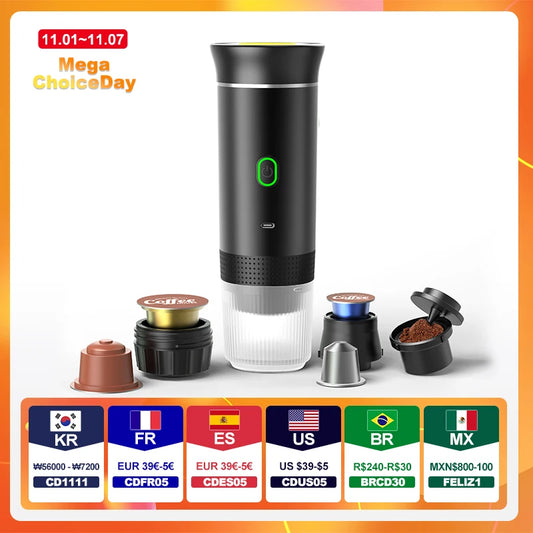 Wireless Electric Portable Espresso Coffee Machine for Car & Home Camping Coffee Maker 3-in-1 Capsule Powder Travel Coffee Maker